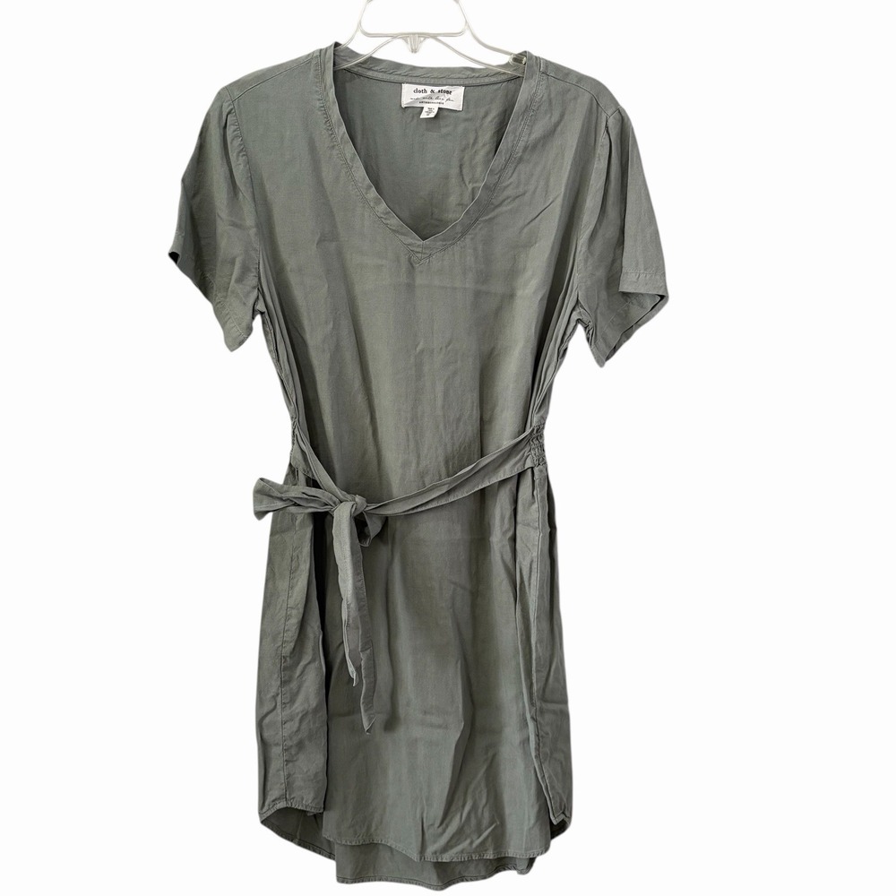 Anthropologie Cloth & Stone Sage Green V-Neck Short Sleeve Tie Waist Dress Med